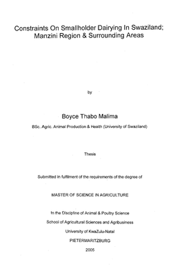 Constraints on Smallholder Dairying in Swaziland; Manzini Region & Surrounding Areas