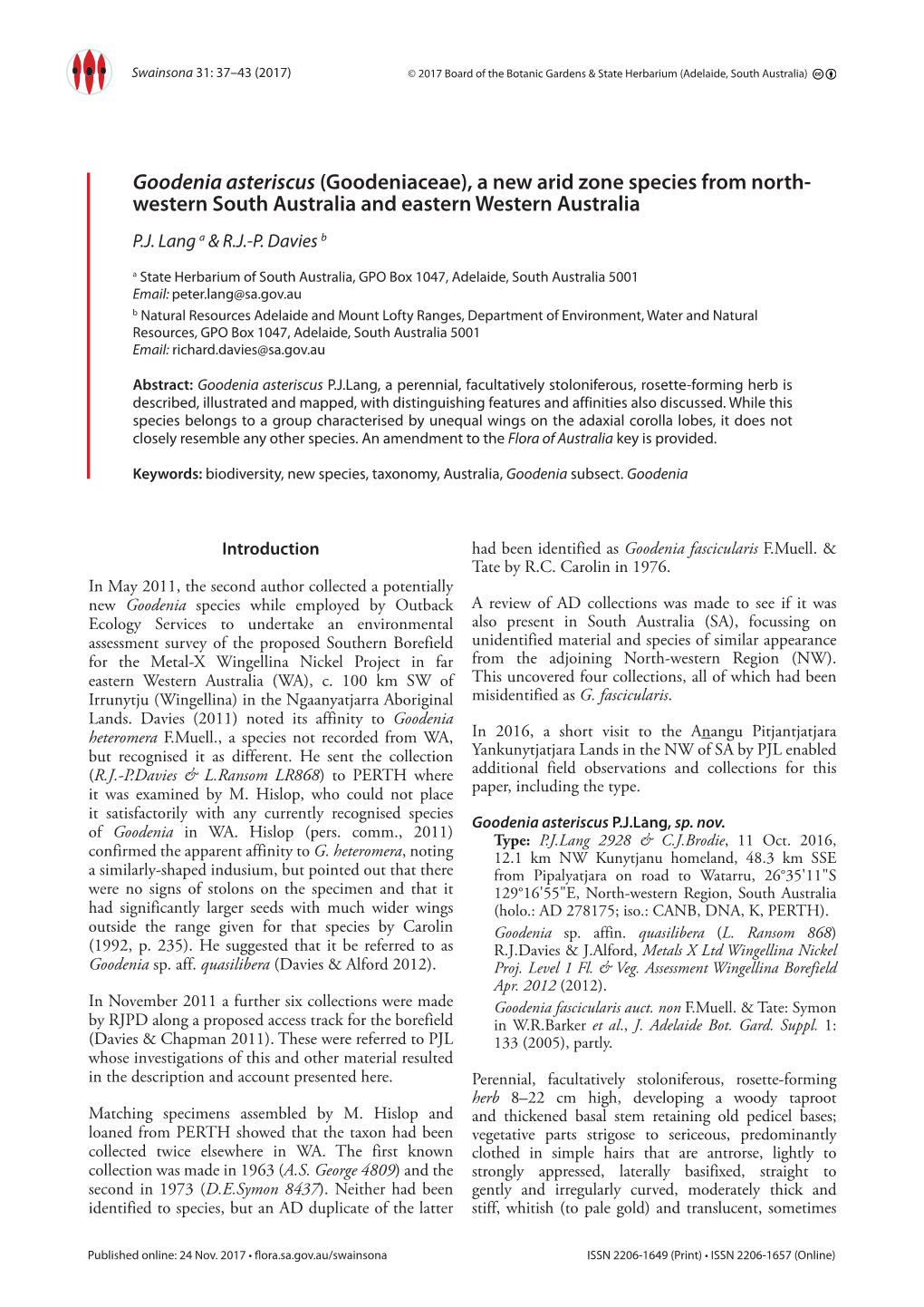 (Goodeniaceae), a New Arid Zone Species from North- Western South Australia and Eastern Western Australia P.J