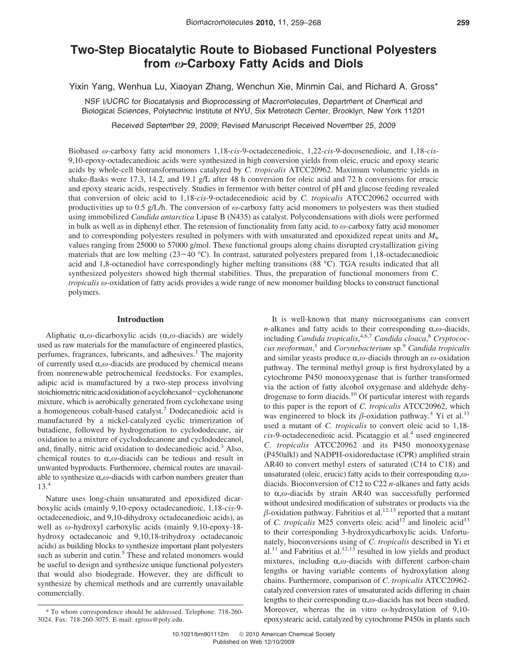 Two-Step Biocatalytic Route to Biobased Functional Polyesters from Ω-Carboxy Fatty Acids and Diols