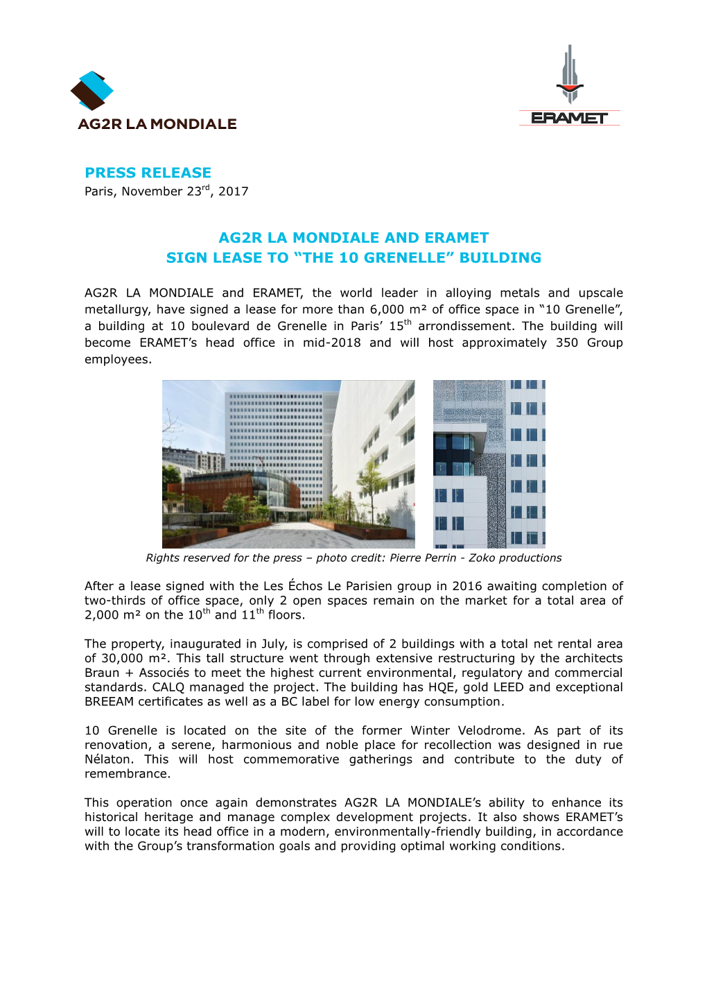 Ag2r La Mondiale and Eramet Sign Lease to “The 10 Grenelle” Building