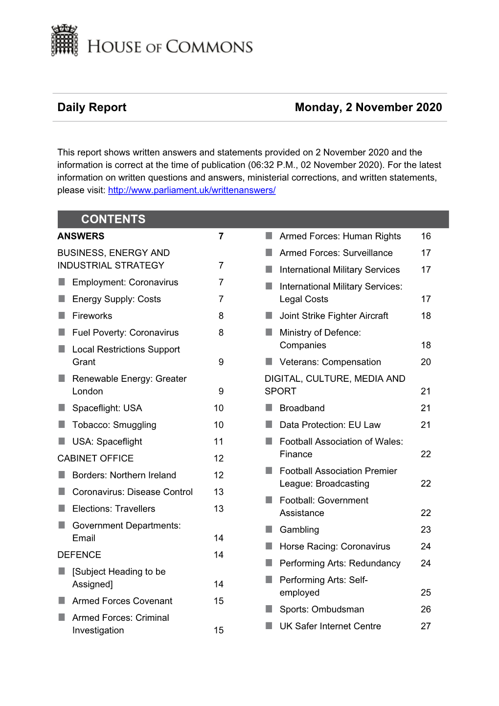 Daily Report Monday, 2 November 2020 CONTENTS