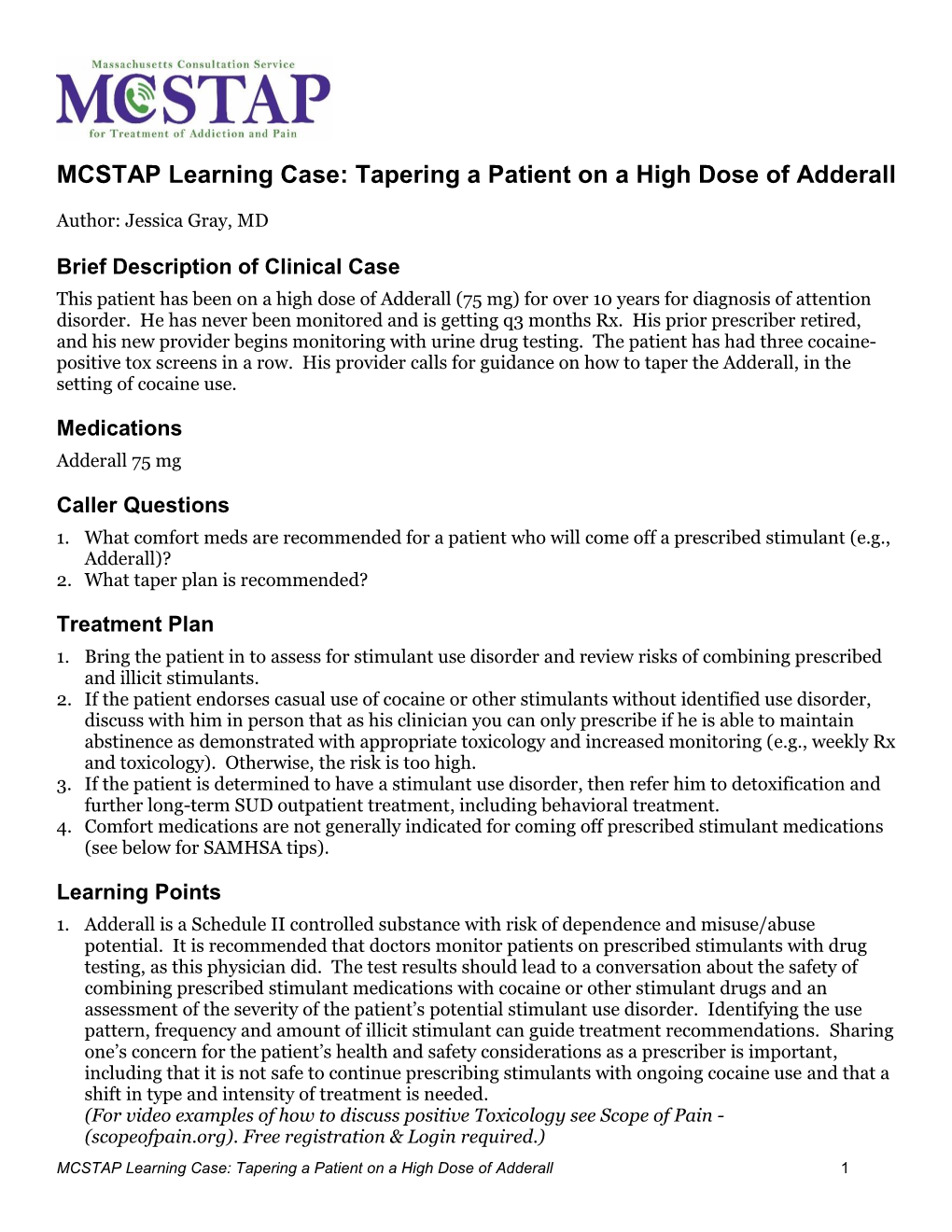 MCSTAP Learning Case: Tapering a Patient on a High Dose of Adderall