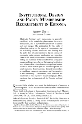 Institutional Design and Party Membership Recruitment in Estonia