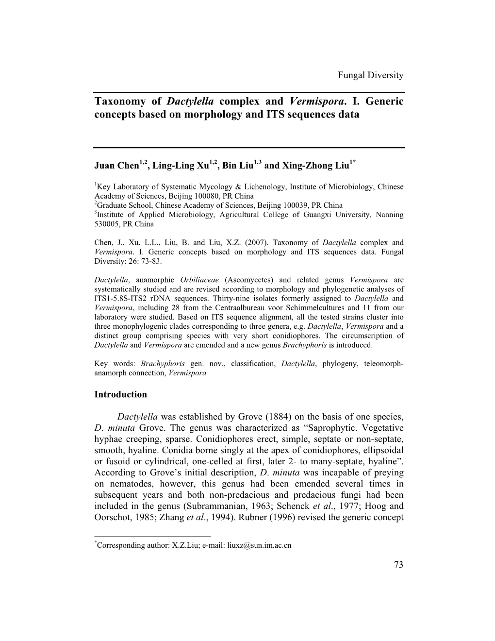 Taxonomy of Dactylella Complex and Vermispora. I. Generic Concepts Based on Morphology and ITS Sequences Data