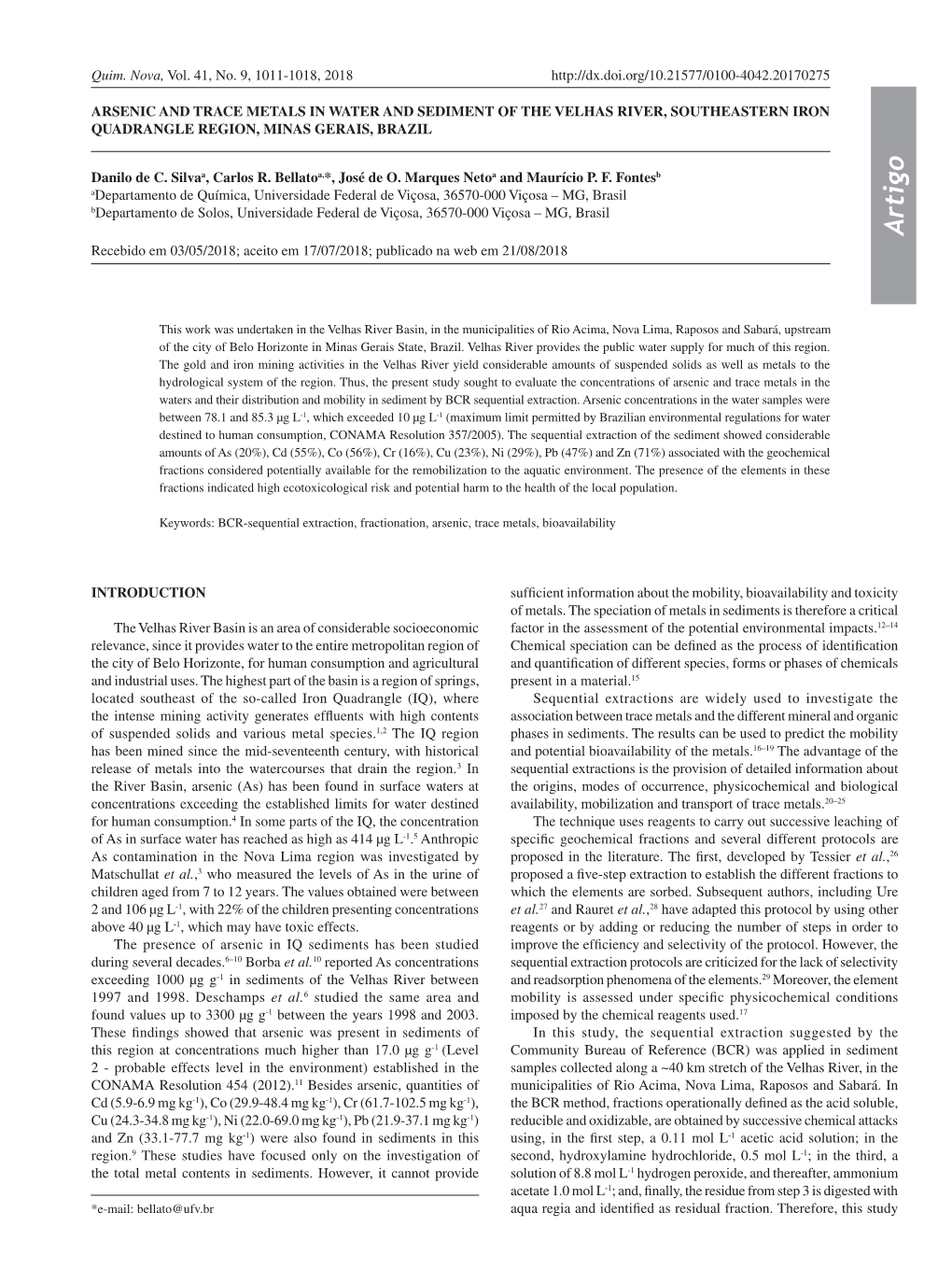 Arsenic and Trace Metals in Water and Sediment of the Velhas River, Southeastern Iron Quadrangle Region, Minas Gerais, Brazil