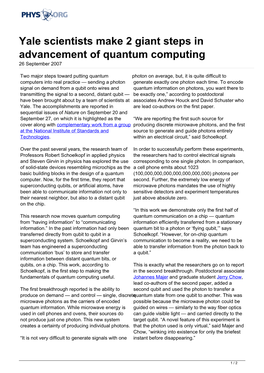 Yale Scientists Make 2 Giant Steps in Advancement of Quantum Computing 26 September 2007