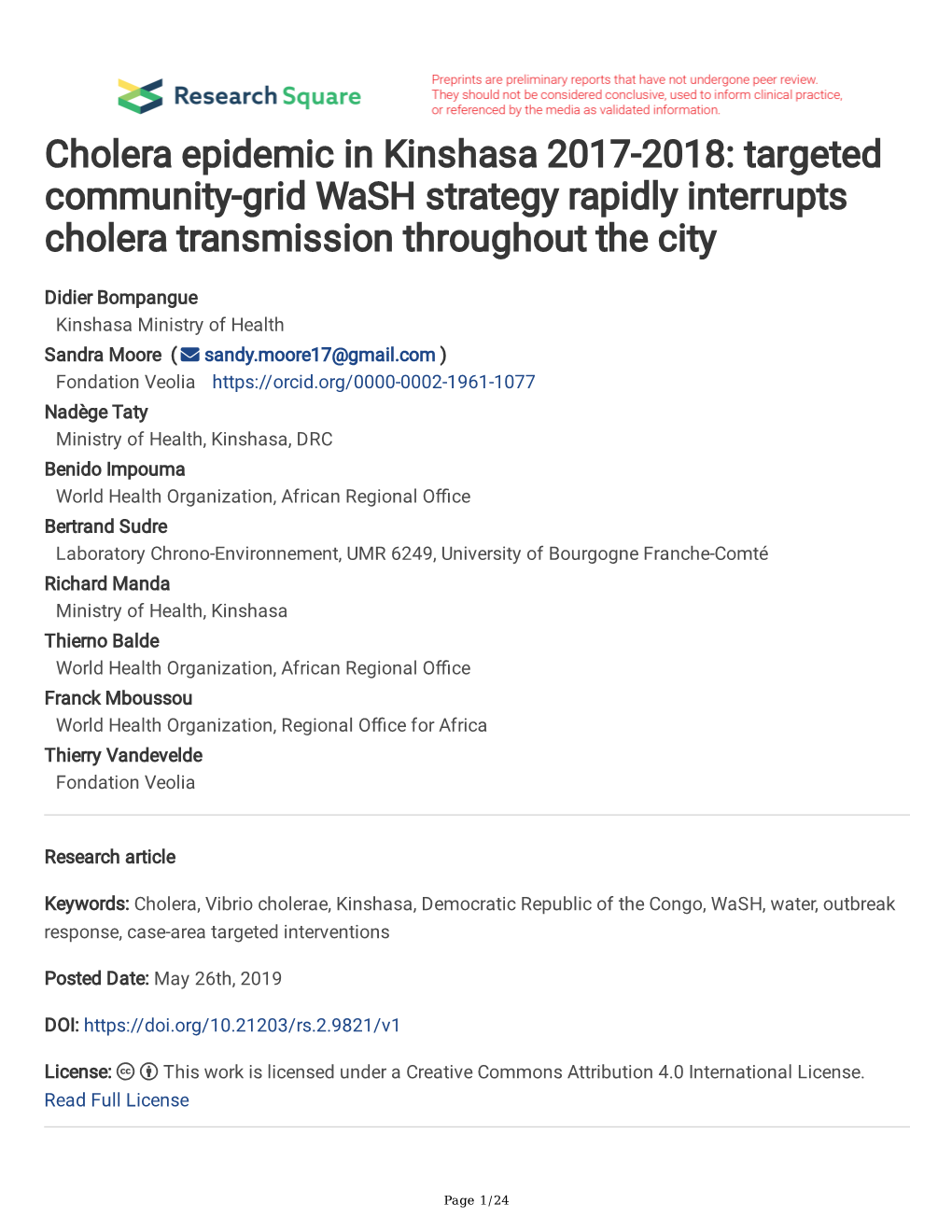 Cholera Epidemic in Kinshasa 2017-2018: Targeted Community-Grid Wash Strategy Rapidly Interrupts Cholera Transmission Throughout the City