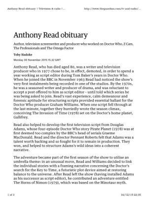 Anthony Read Obituary | Television & Radio |