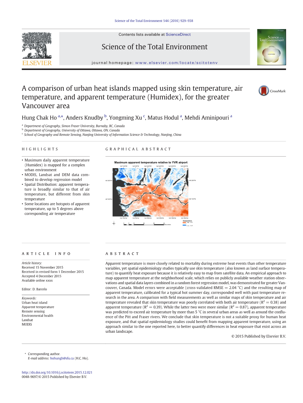 A Comparison of Urban Heat Islands Mapped Using Skin Temperature, Air Temperature, and Apparent Temperature (Humidex), for the Greater Vancouver Area