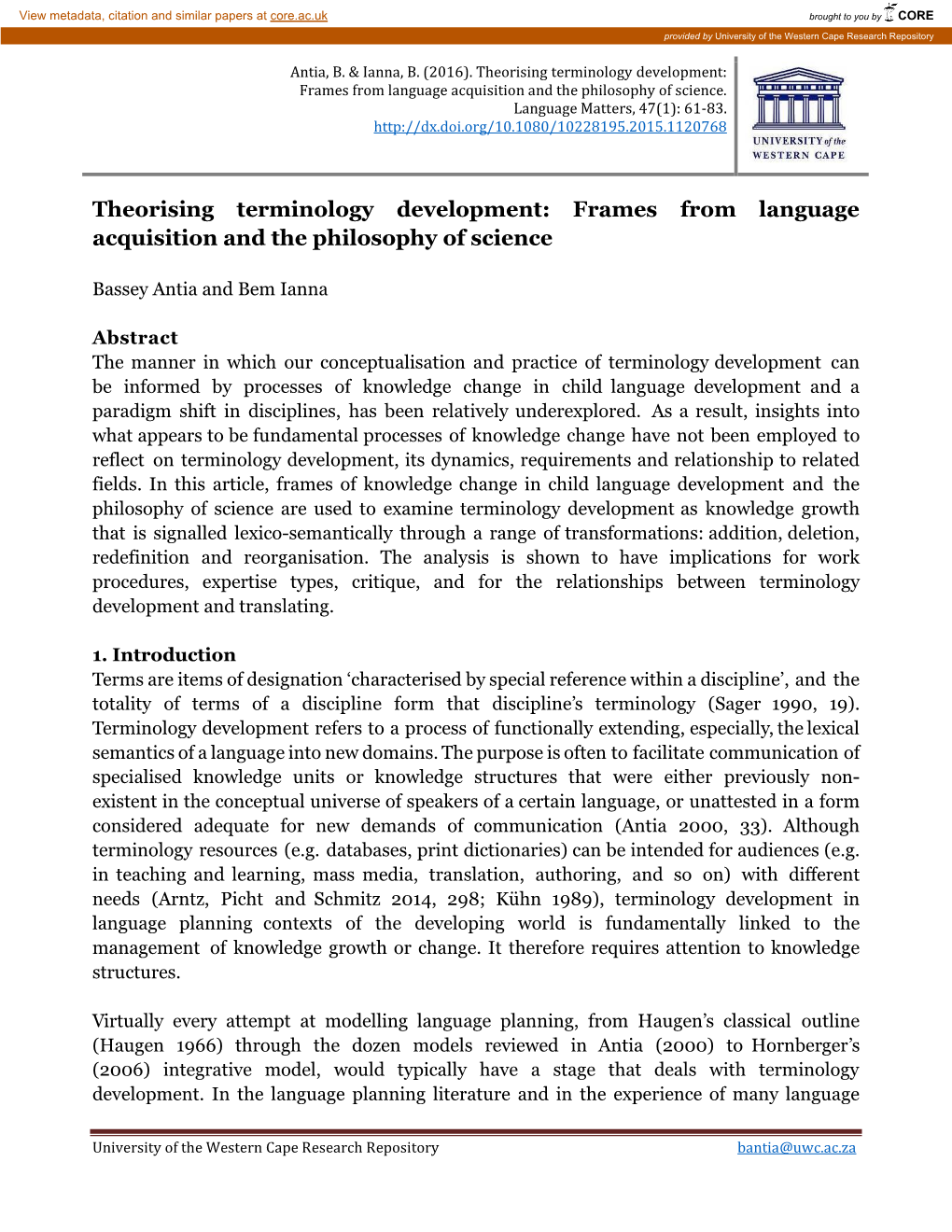 Theorising Terminology Development: Frames from Language Acquisition and the Philosophy of Science