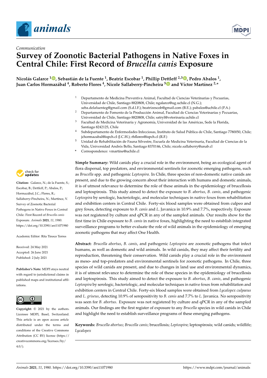 Survey Of Zoonotic Bacterial Pathogens In Native Foxes In Central Chile ...