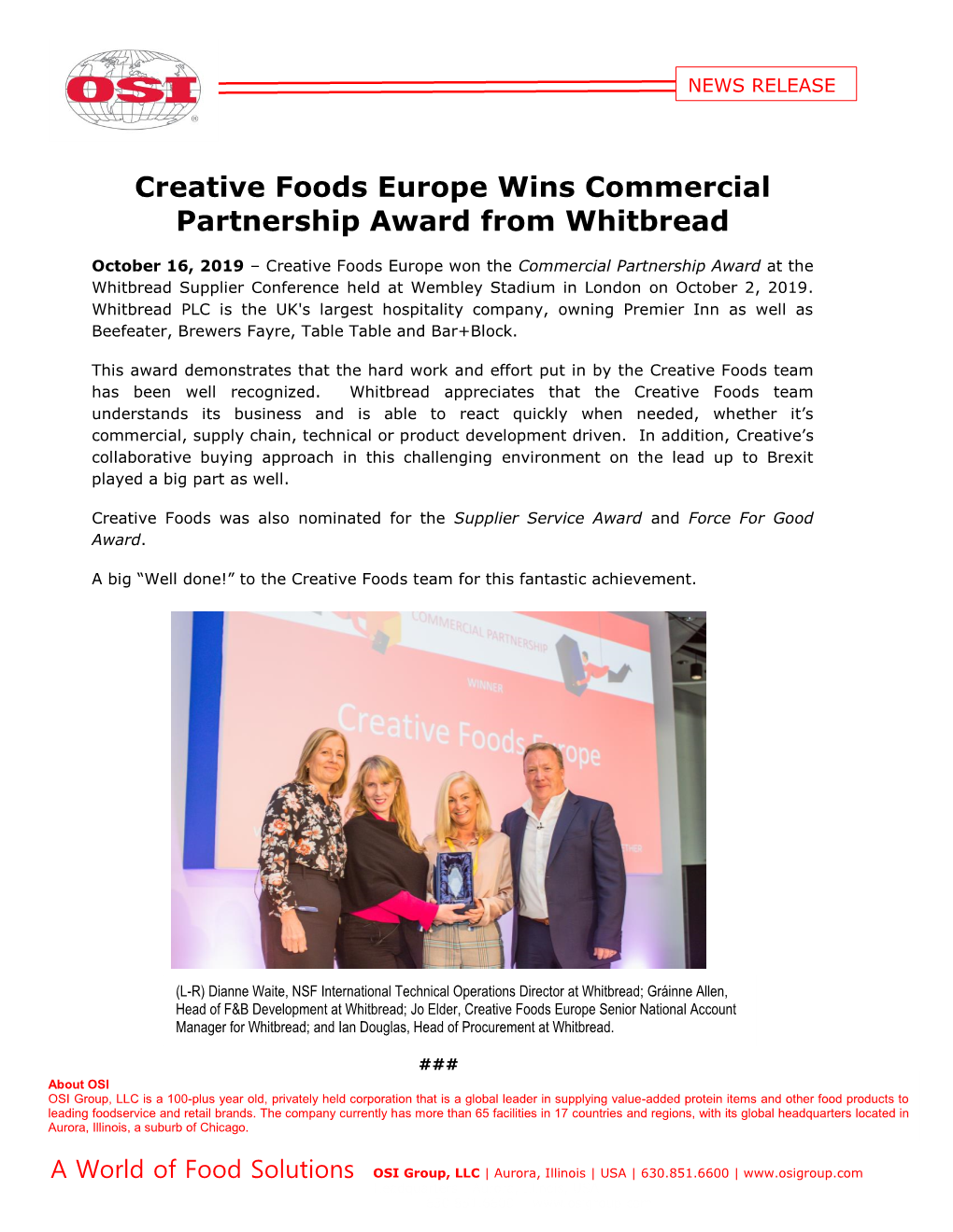 Creative Foods Europe Wins Commercial Partnership Award from Whitbread
