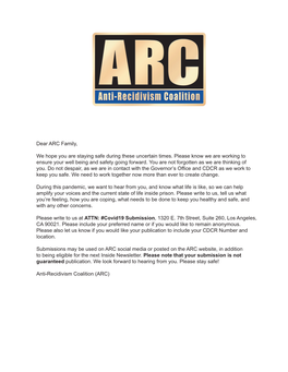 Dear ARC Family, We Hope You Are Staying