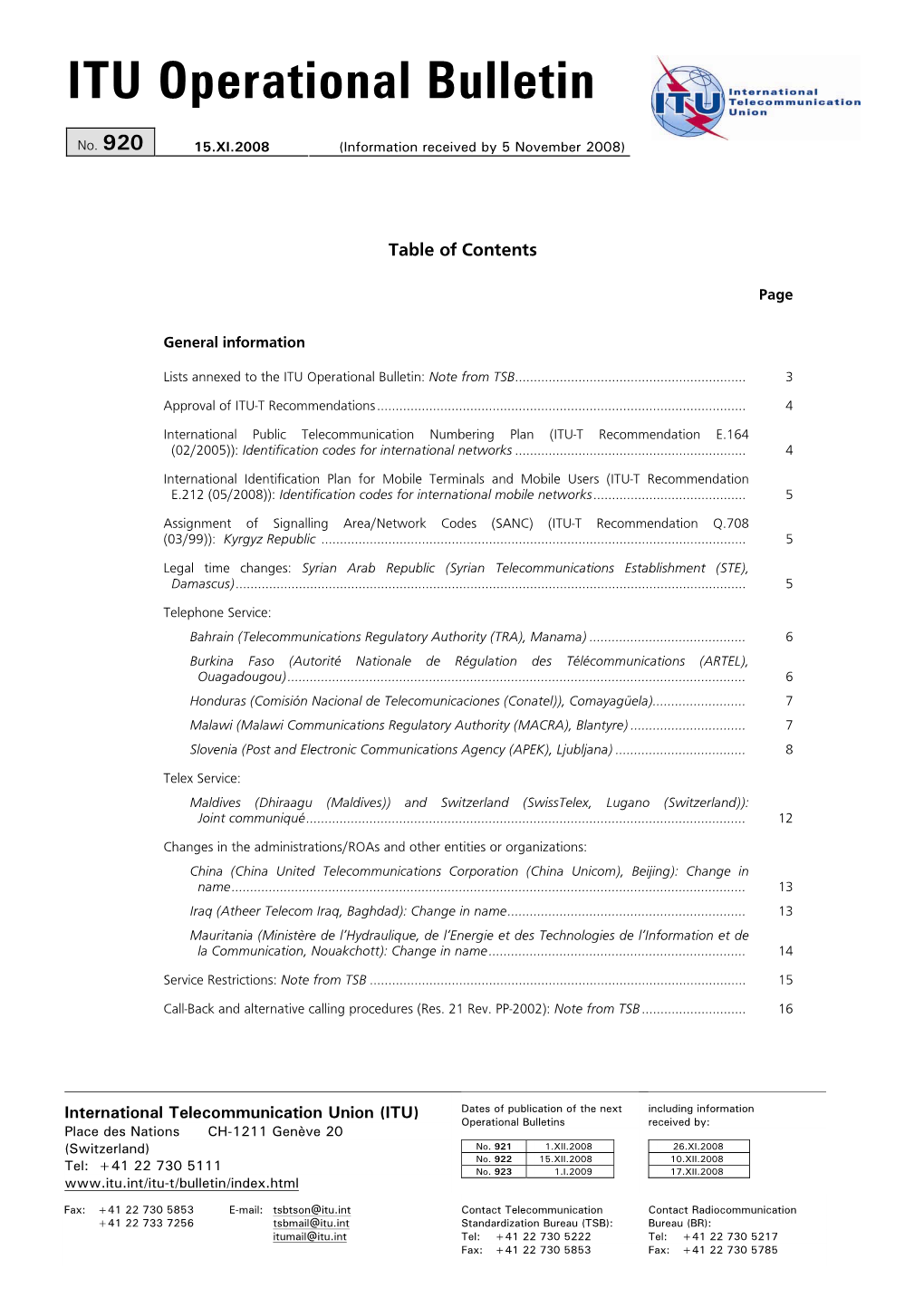 ITU Operational Bulletin No.920 Du 15.XI.2008