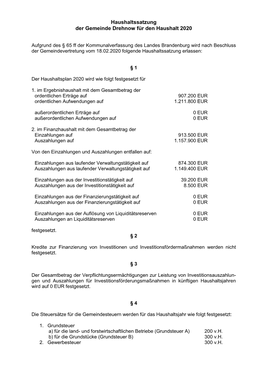 Haushaltssatzung Der Gemeinde Drehnow Für Den Haushalt 2020