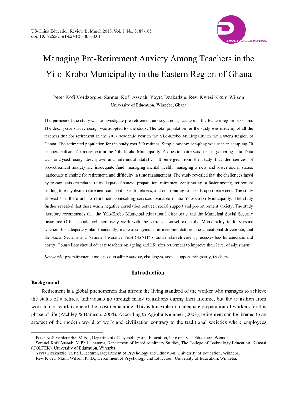 Managing Pre-Retirement Anxiety Among Teachers in the Yilo-Krobo Municipality in the Eastern Region of Ghana