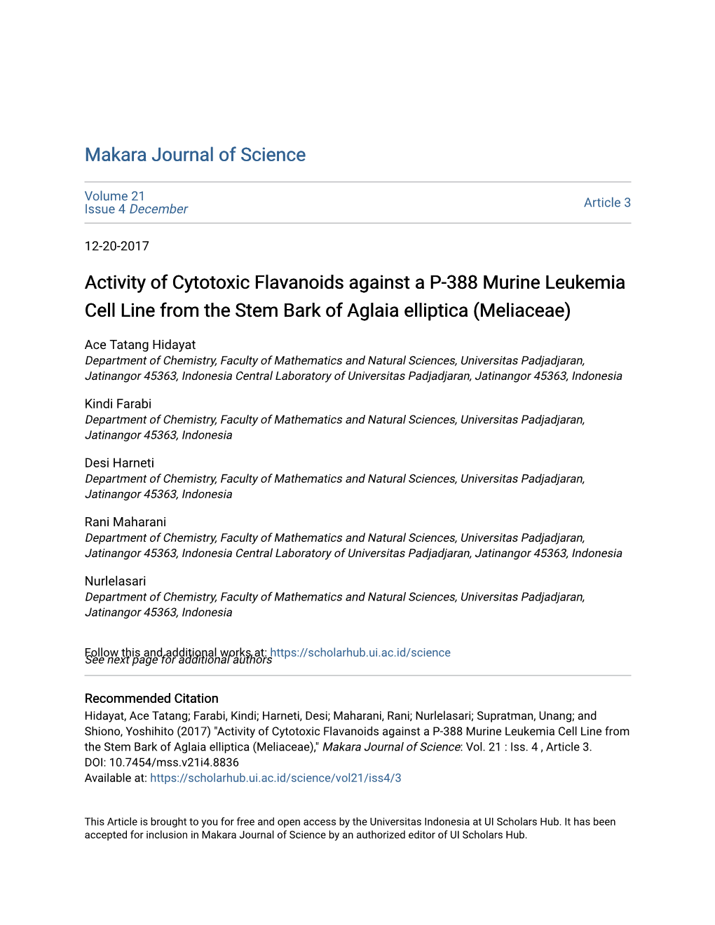 Activity of Cytotoxic Flavanoids Against a P-388 Murine Leukemia Cell Line from the Stem Bark of Aglaia Elliptica (Meliaceae)