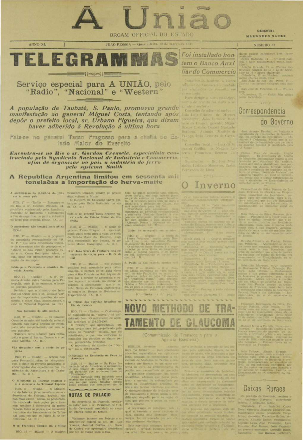 TELEGRAIII Alag-Ôa Grande, 15 - Chuvas To, Rencines Hontem Ás 15 E- Ás 20 Hora Hoie As 16 E Agora Chuvf>Ndo