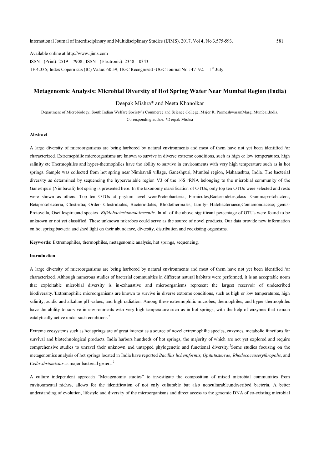 Metagenomic Analysis: Microbial Diversity of Hot Spring Water Near Mumbai Region (India)