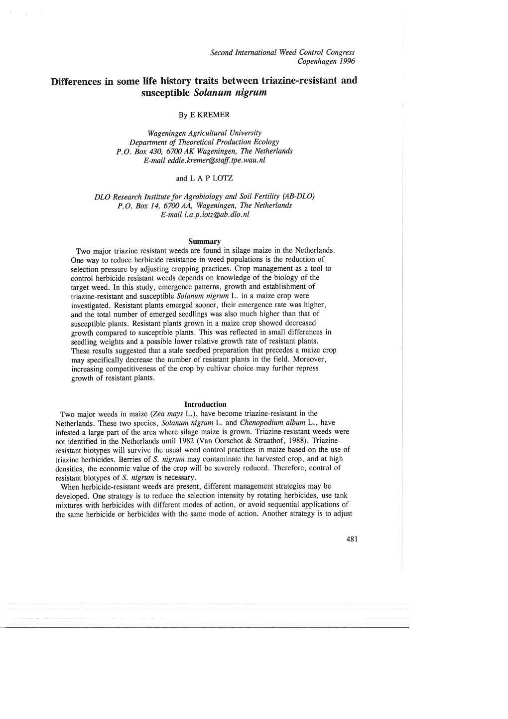 Differences in Some Life History Traits Between Triazine-Resistant and Susceptible Solanum Nigrum