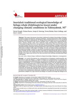 Inuvialuit Traditional Ecological Knowledge of Beluga Whale (Delphinapterus Leucas) Under Changing Climatic Conditions in Tuktoyaktuk, NT1