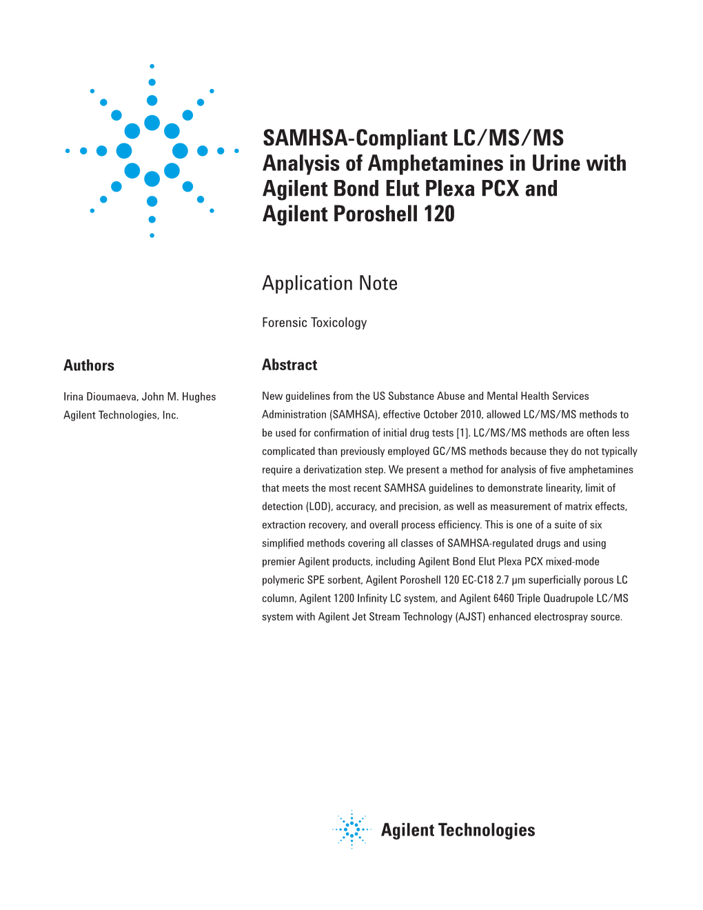 SAMHSA-Compliant LC/MS/MS Analysis of Amphetamines in Urine with Agilent Bond Elut Plexa PCX and Agilent Poroshell 120