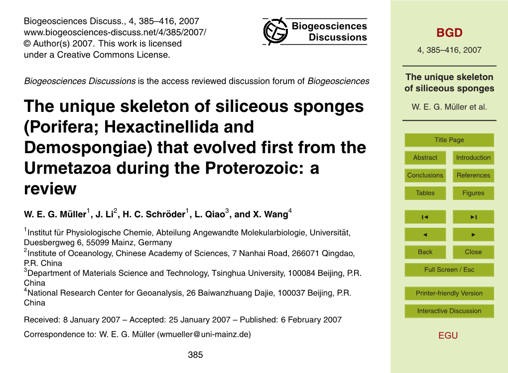 The Unique Skeleton of Siliceous Sponges (Porifera