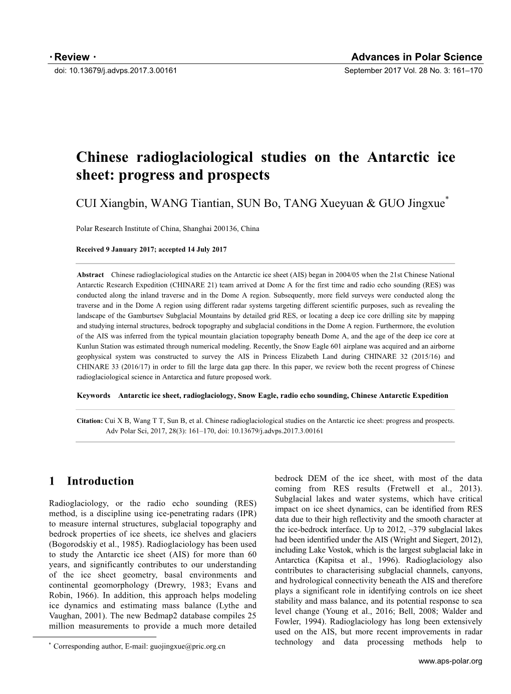 Chinese Radioglaciological Studies on the Antarctic Ice Sheet: Progress and Prospects