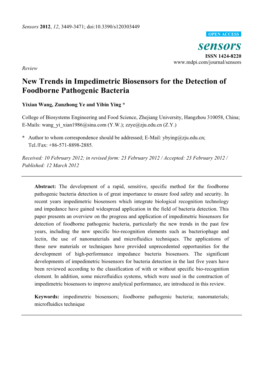 New Trends in Impedimetric Biosensors for the Detection of Foodborne Pathogenic Bacteria