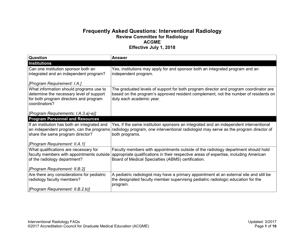 Interventional Radiology Review Committee for Radiology ACGME Effective July 1, 2018