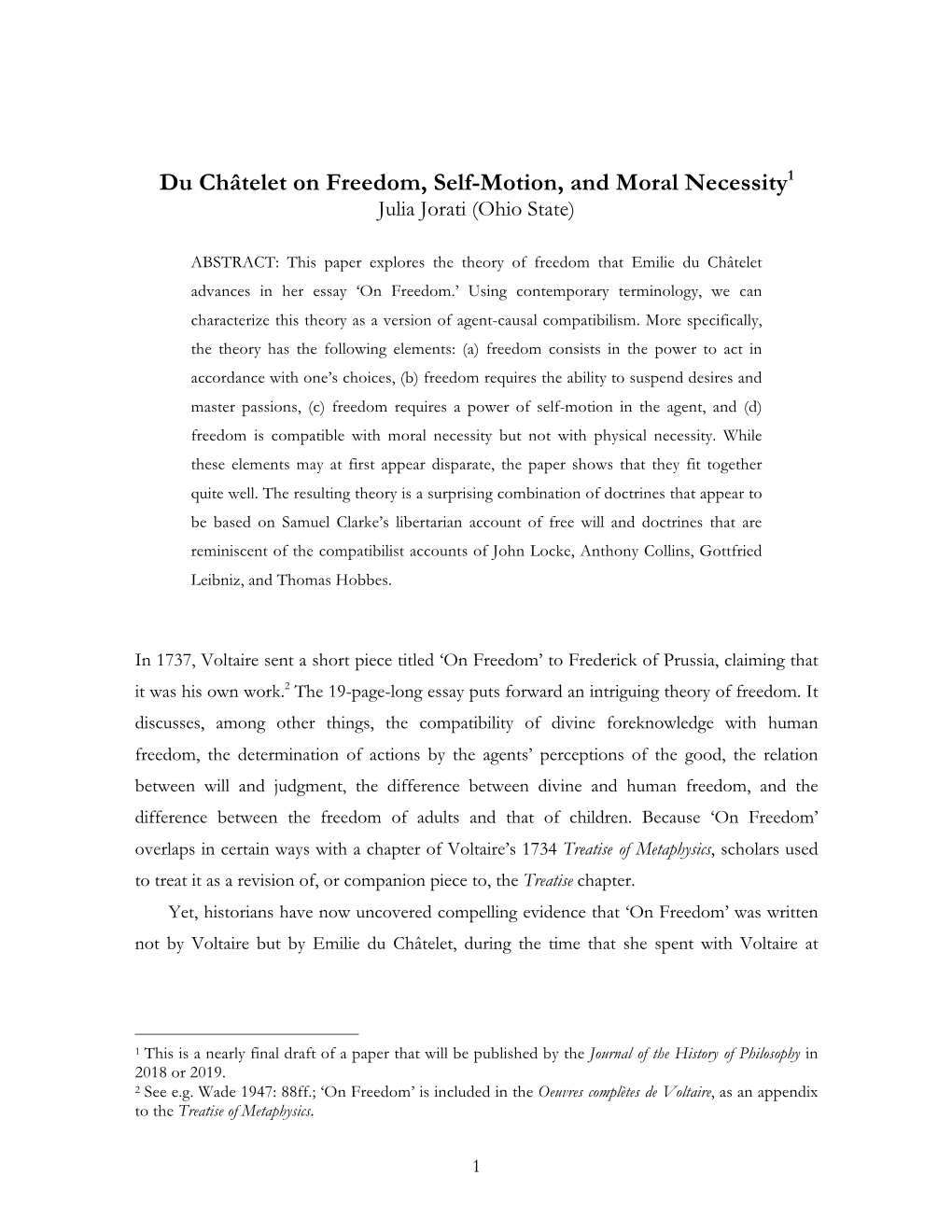 Du Châtelet on Freedom, Self-Motion, and Moral Necessity1 Julia Jorati (Ohio State)