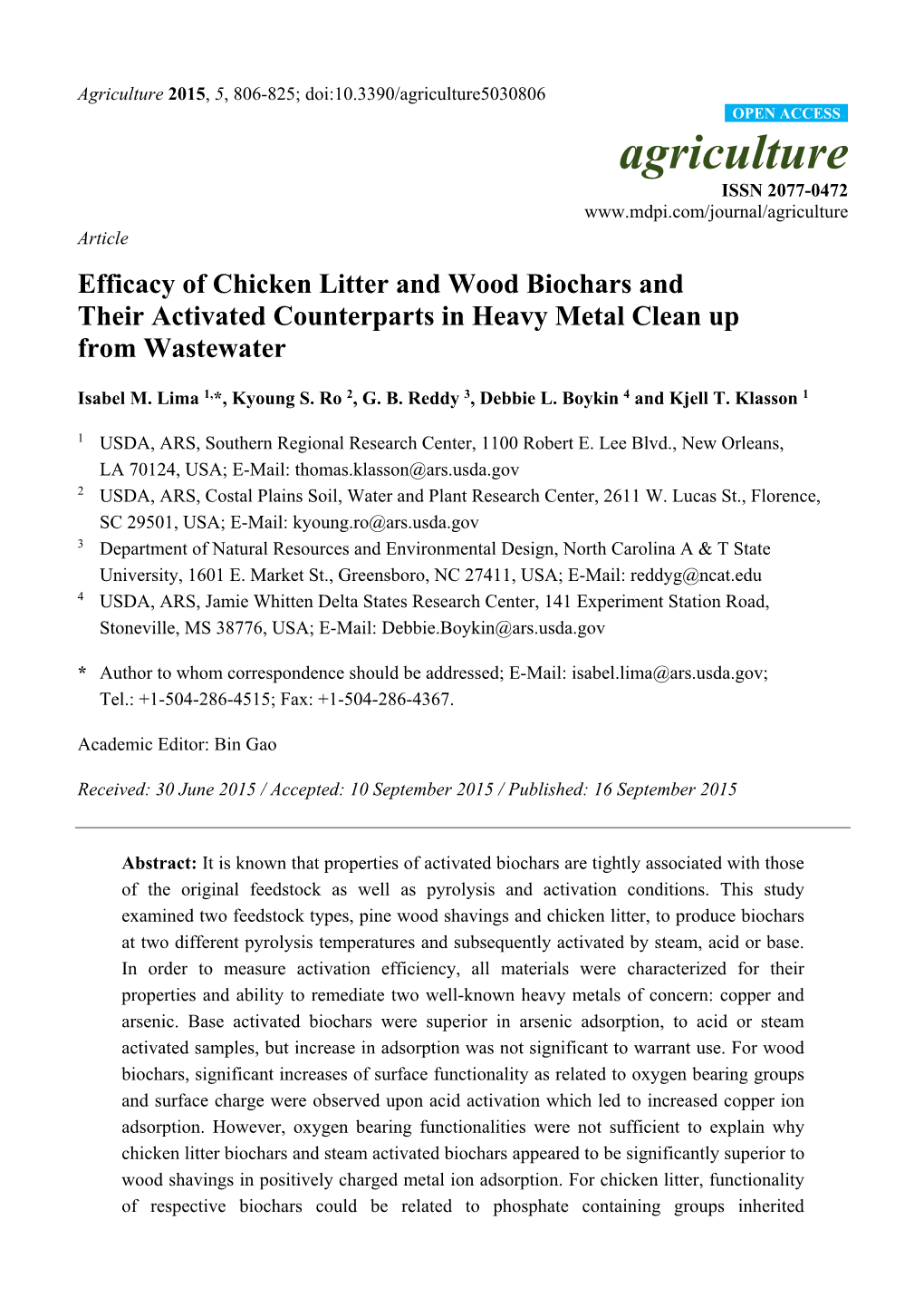 Efficacy of Chicken Litter and Wood Biochars and Their Activated Counterparts in Heavy Metal Clean up from Wastewater