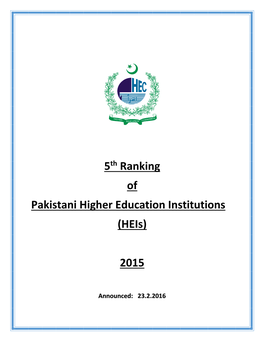 5Th Ranking of Pakistani Higher Education Institutions (Heis)