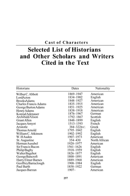 Selected List of Historians and Other Scholars and Writers Cited in the Text