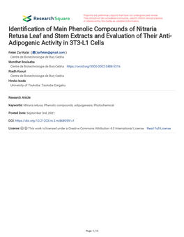 Identi Cation of Main Phenolic Compounds of Nitraria Retusa Leaf