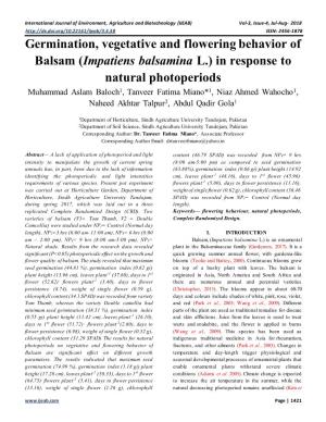 Germination, Vegetative and Flowering Behavior of Balsam (Impatiens