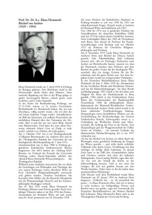 Prof. Dr. Dr. H.C. Klaus Hemmerle Bischof Von Aachen (1929 – 1994)