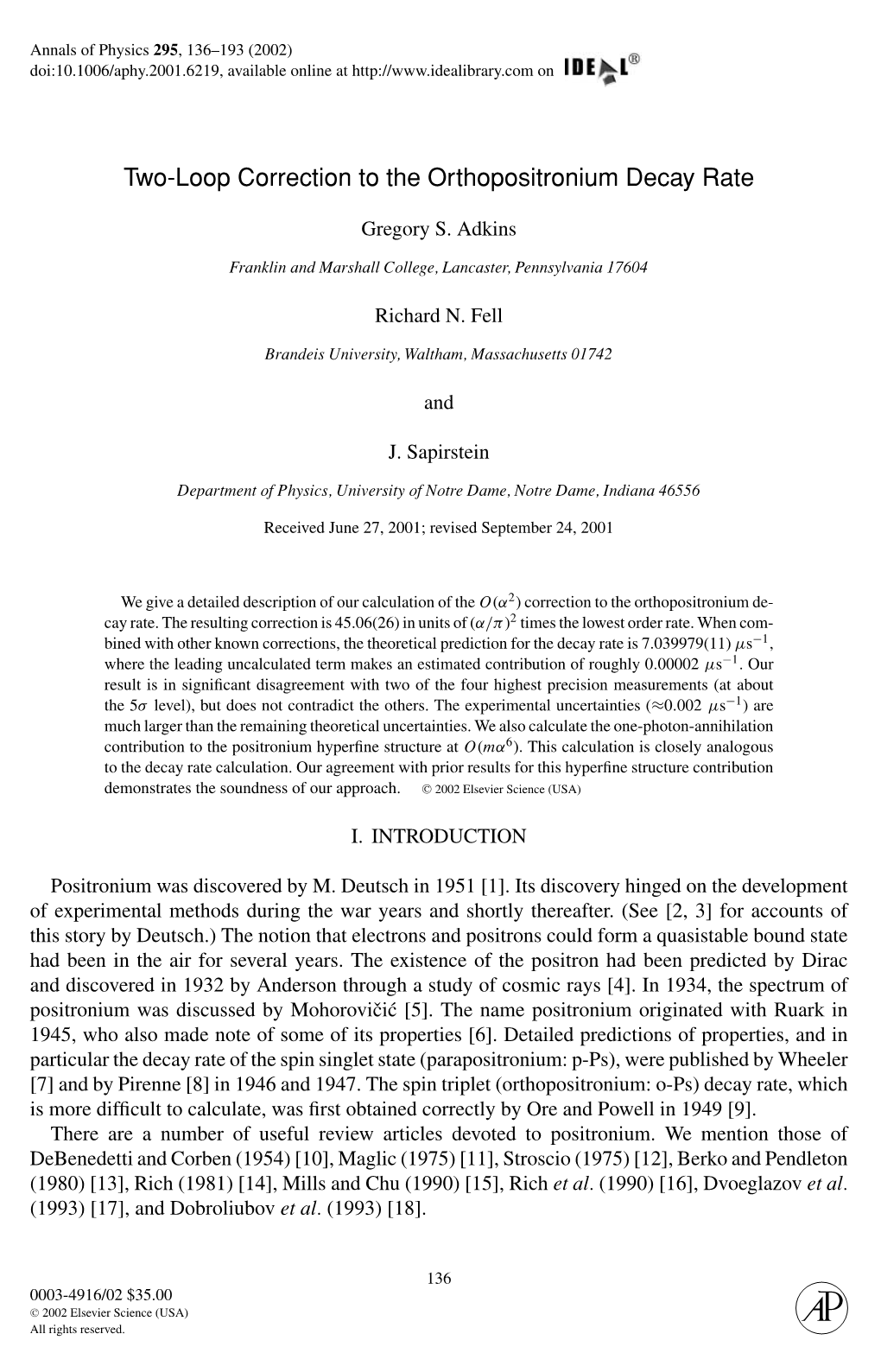 Two-Loop Correction to the Orthopositronium Decay Rate