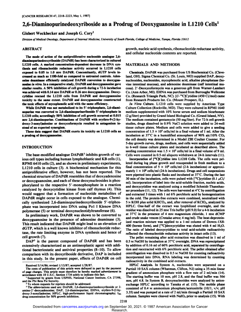 2,6-Diaminopurinedeoxyriboside As a Prodrug of Deoxyguanosine in LI 210 Cells1