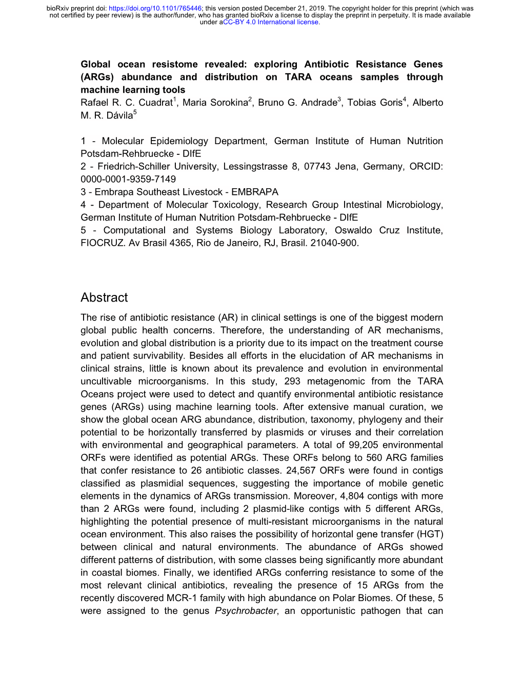 Exploring Antibiotic Resistance Genes (Args) Abundance and Distribution on TARA Oceans Samples Through Machine Learning Tools Rafael R