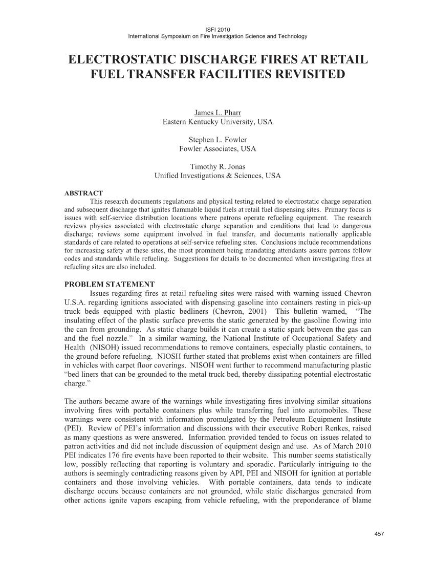 Electrostatic Discharge Fires at Retail Fuel Transfer Facilities Revisited