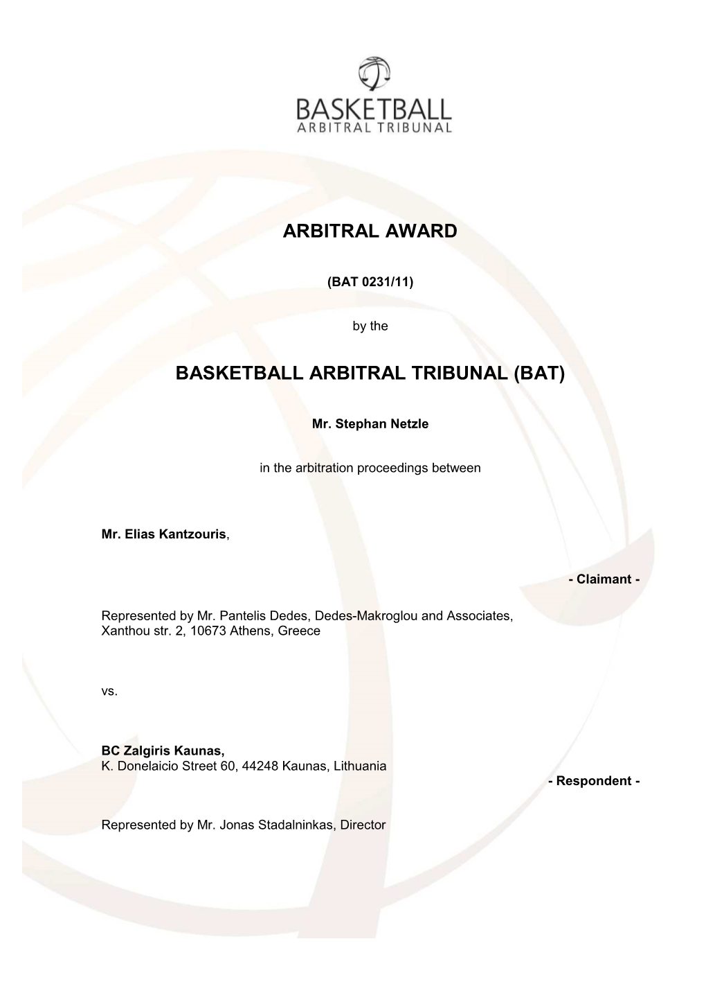 Arbitral Award Basketball Arbitral Tribunal (Bat)