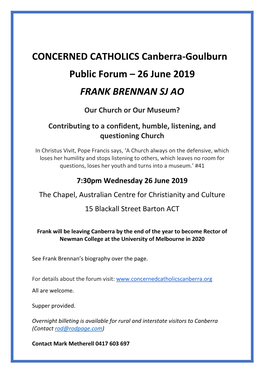 CONCERNED CATHOLICS Canberra-Goulburn Public Forum – 26 June 2019 FRANK BRENNAN SJ AO