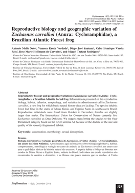 Reproductive Biology and Geographic Variation of Zachaenus Carvalhoi (Anura: Cycloramphidae), a Brazilian Atlantic Forest Frog