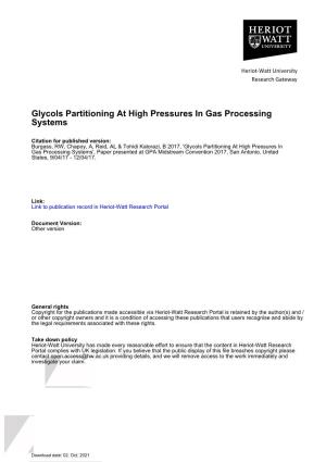 Glycols Partitioning at High Pressures in Gas Processing Systems