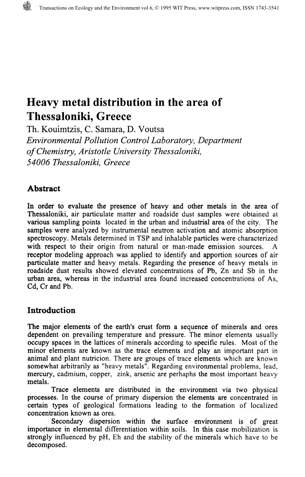 Heavy Metal Distribution in the Area of Thessaloniki, Greece Th. Kouimtzis