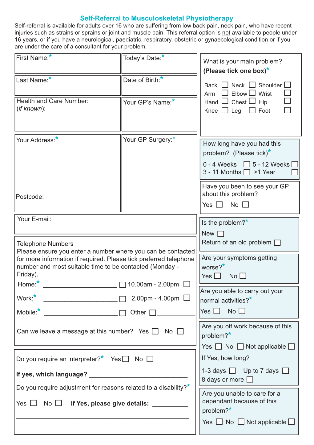 Physiotheraphy Self Referral Form