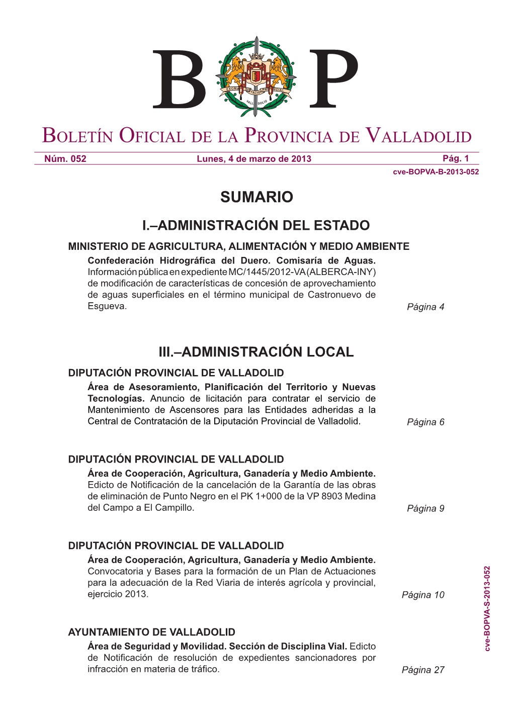 Boletín Oficial De La Provincia De Valladolid Sumario