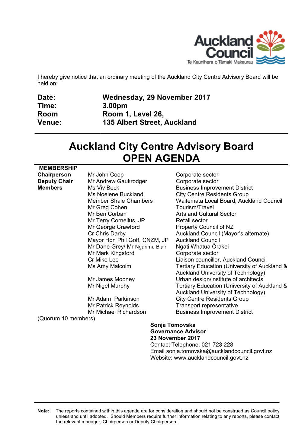 Agenda of Auckland City Centre Advisory Board