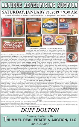 ANTIQUE ADVERTISING AUCTION SATURDAY, JANUARY 26, 2019 • 9:30 AM Auction Will Be Held in Kenwood Hall at the Saline Co